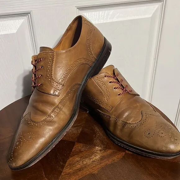 🔥🔥 Martin Dingman Made In Italy Tan Leather Lace Up Derby Wing Tip Shoes - GUC