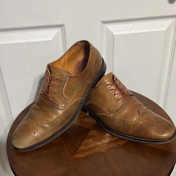 🔥🔥 Martin Dingman Made In Italy Tan Leather Lace Up Derby Wing Tip Shoes - GUC