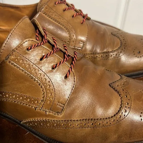 🔥🔥 Martin Dingman Made In Italy Tan Leather Lace Up Derby Wing Tip Shoes - GUC