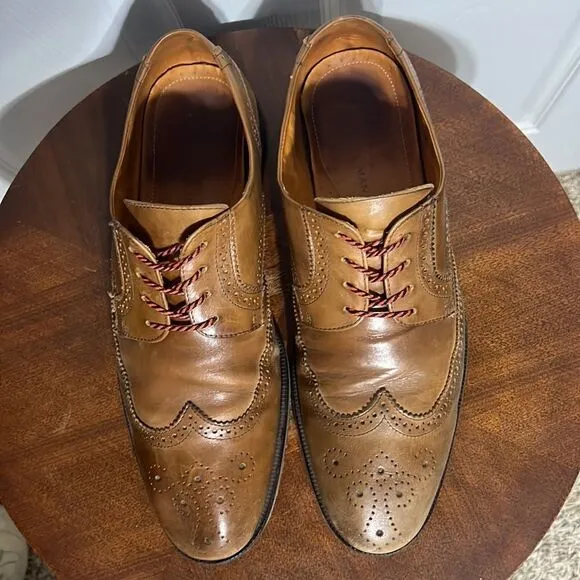 🔥🔥 Martin Dingman Made In Italy Tan Leather Lace Up Derby Wing Tip Shoes - GUC