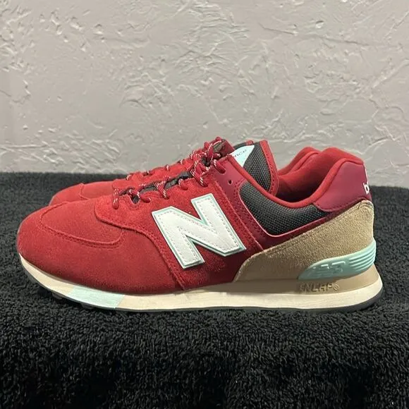🔥 NEW BALANCE 574 Running Shoes Sneakers Brick red/Tan/Aqua Men Sz 10 -EXCELLEN