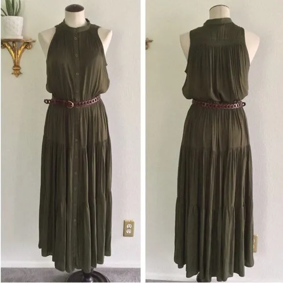 🆕 NWT Olive Green Maxi Dress Tiered Flowing Loose Bottom Skirt Button Down Top
