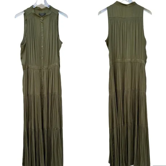 🆕 NWT Olive Green Maxi Dress Tiered Flowing Loose Bottom Skirt Button Down Top