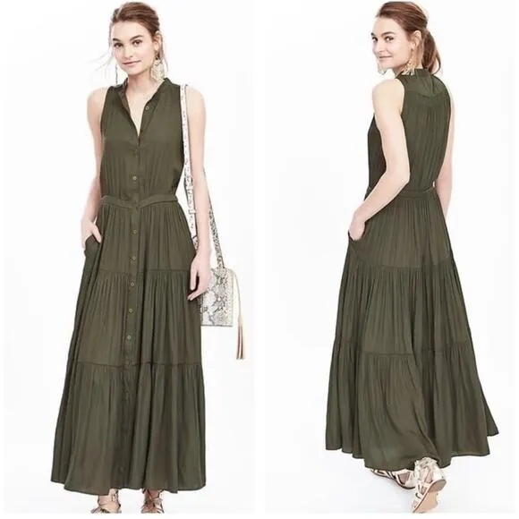 🆕 NWT Olive Green Maxi Dress Tiered Flowing Loose Bottom Skirt Button Down Top