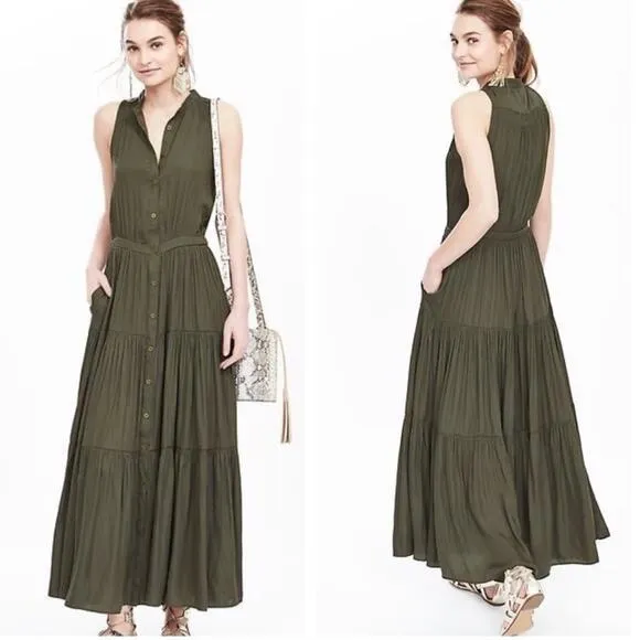 🆕 NWT Olive Green Maxi Dress Tiered Flowing Loose Bottom Skirt Button Down Top