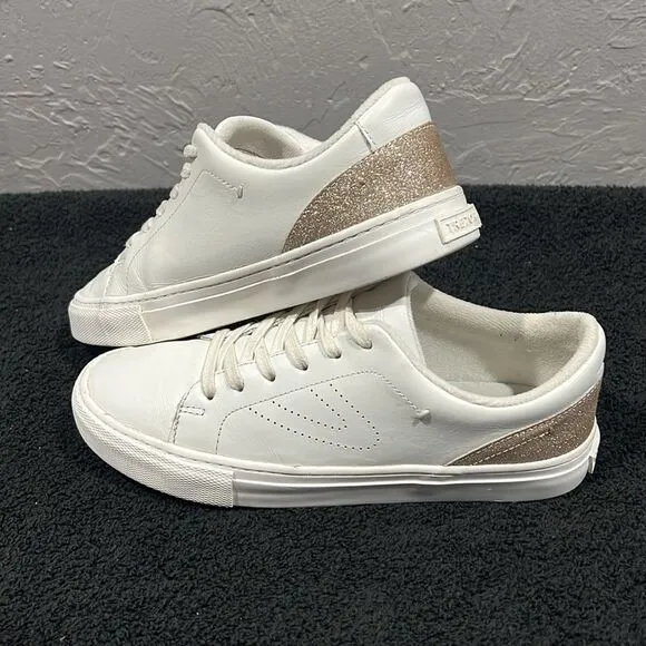🔥🔥 TRETORN Mako 2 Leather Sneaker Shoes White/Gold Women Sz 8.5 - EXCELLENT