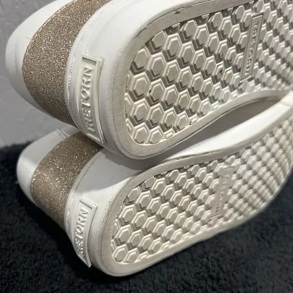 🔥🔥 TRETORN Mako 2 Leather Sneaker Shoes White/Gold Women Sz 8.5 - EXCELLENT