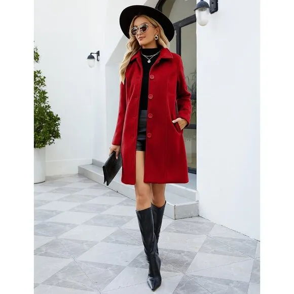 💫 Women Red Elegant Overcoat Single Breasted Winter Dress Pockets Pea Coat
