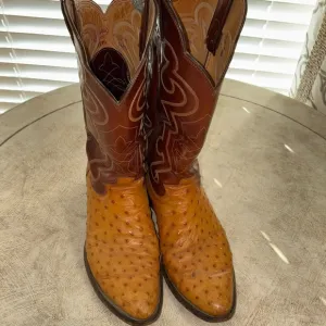 90’s Vintage Justin Ostrich Two Tone Brown Western Cowboy Boots