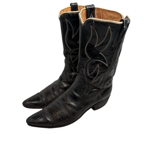 Acme Vintage Mens Black Leather Western Boots Sz 9 1/2 C - 12” Tall Made in USA