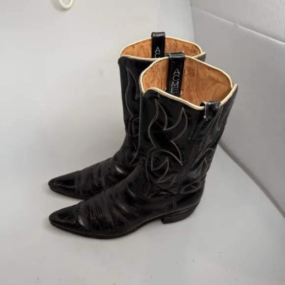 Acme Vintage Mens Black Leather Western Boots Sz 9 1/2 C - 12” Tall Made in USA