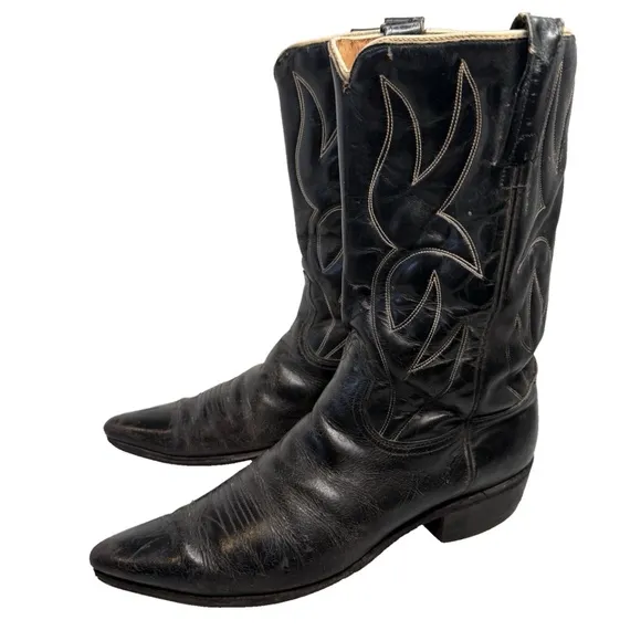 Acme Vintage Mens Black Leather Western Boots Sz 9 1/2 C - 12” Tall Made in USA