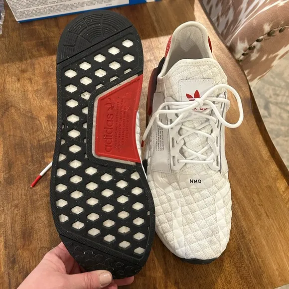 Adidas Ulta Boost S &amp; L White, Grey, and Scarlet athletic shoes