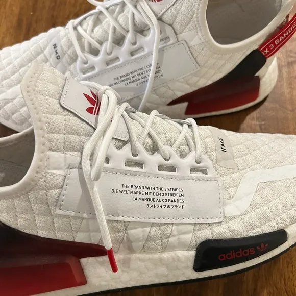 Adidas Ulta Boost S &amp; L White, Grey, and Scarlet athletic shoes