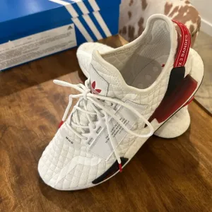 Adidas Ulta Boost S &amp; L White, Grey, and Scarlet athletic shoes