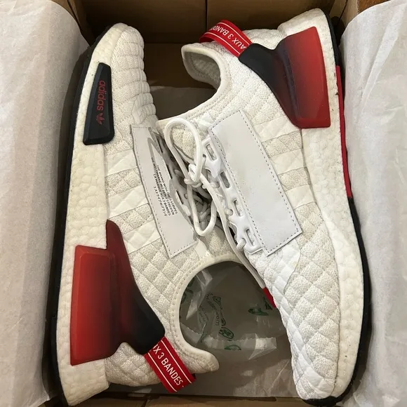 Adidas Ulta Boost S &amp; L White, Grey, and Scarlet athletic shoes