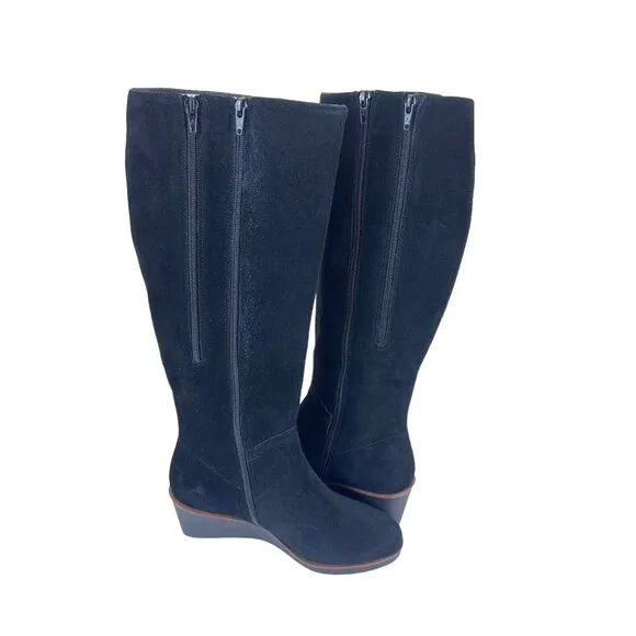 Aerosoles Binocular Women SZ 7W Black Suede Leather Knee Boots-2.5” Wedge Heels