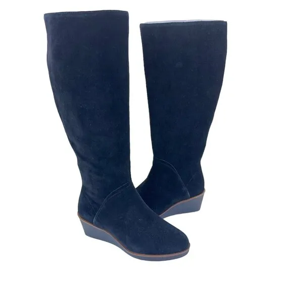 Aerosoles Binocular Women SZ 7W Black Suede Leather Knee Boots-2.5” Wedge Heels