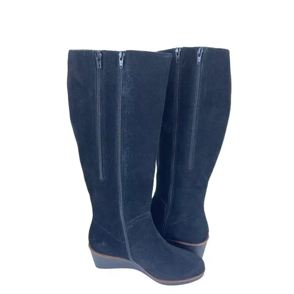 Aerosoles Binocular Women SZ 7W Black Suede Leather Knee Boots-2.5” Wedge Heels