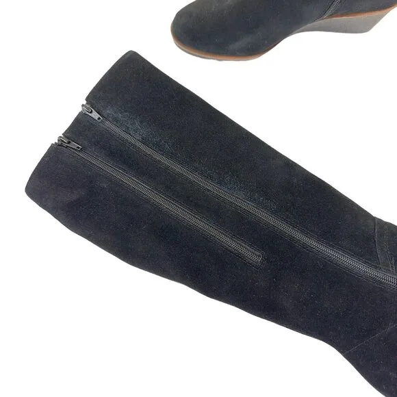 Aerosoles Binocular Women SZ 7W Black Suede Leather Knee Boots-2.5” Wedge Heels