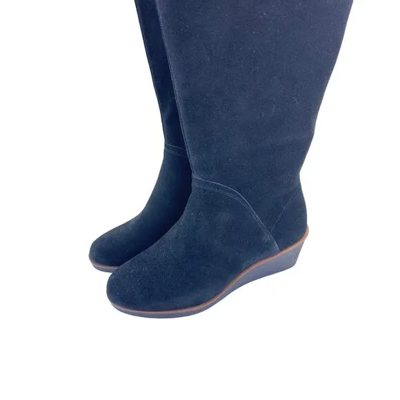 Aerosoles Binocular Women SZ 7W Black Suede Leather Knee Boots-2.5” Wedge Heels