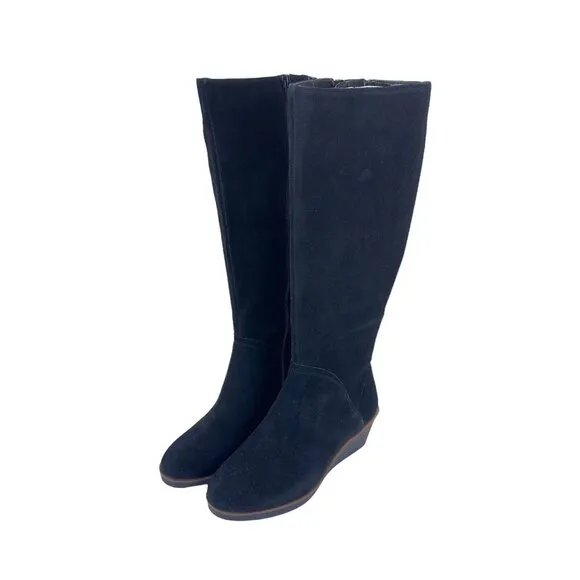 Aerosoles Binocular Women SZ 7W Black Suede Leather Knee Boots-2.5” Wedge Heels