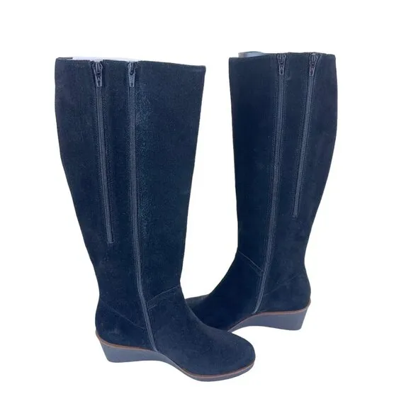 Aerosoles Binocular Women SZ 7W Black Suede Leather Knee Boots-2.5” Wedge Heels