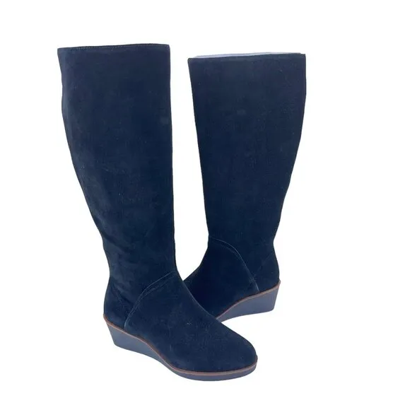 Aerosoles Binocular Women SZ 7W Black Suede Leather Knee Boots-2.5” Wedge Heels
