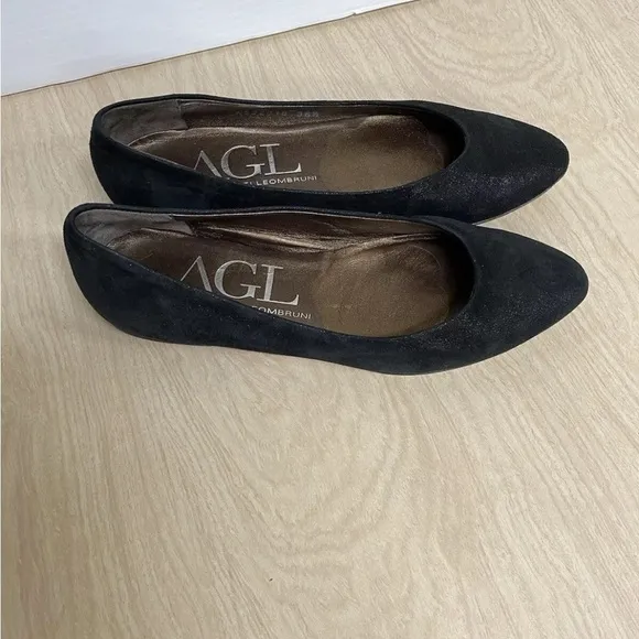 AGL Ballet Flat Shoes Women's 36.5/6.5 Black Suede Shimmer Pointed Toe Loafers