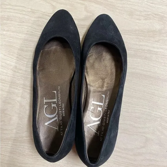 AGL Ballet Flat Shoes Women's 36.5/6.5 Black Suede Shimmer Pointed Toe Loafers