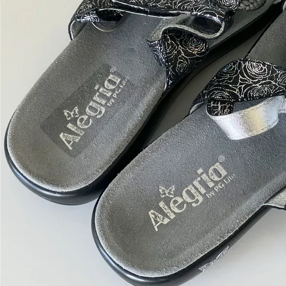 Alegria Julie Black Steel Silver Floral Leather Slingback Sandals Shoes Size 40