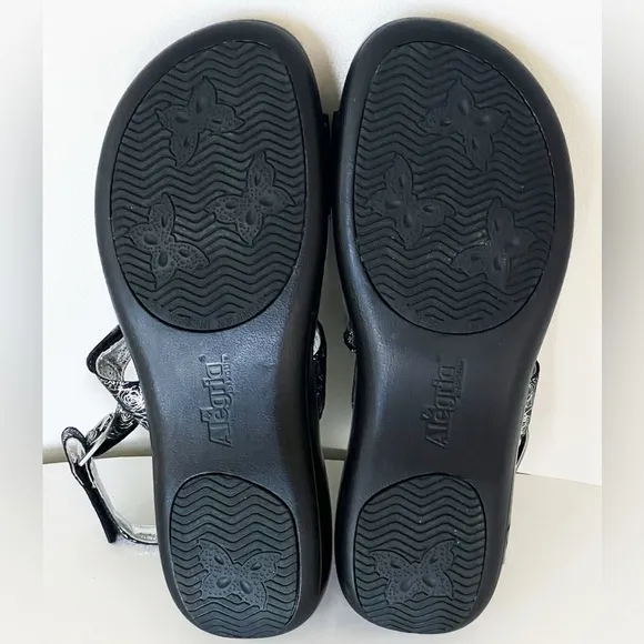 Alegria Julie Black Steel Silver Floral Leather Slingback Sandals Shoes Size 40