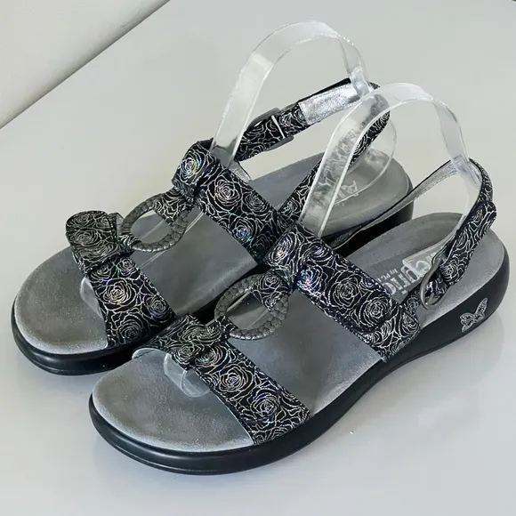 Alegria Julie Black Steel Silver Floral Leather Slingback Sandals Shoes Size 40