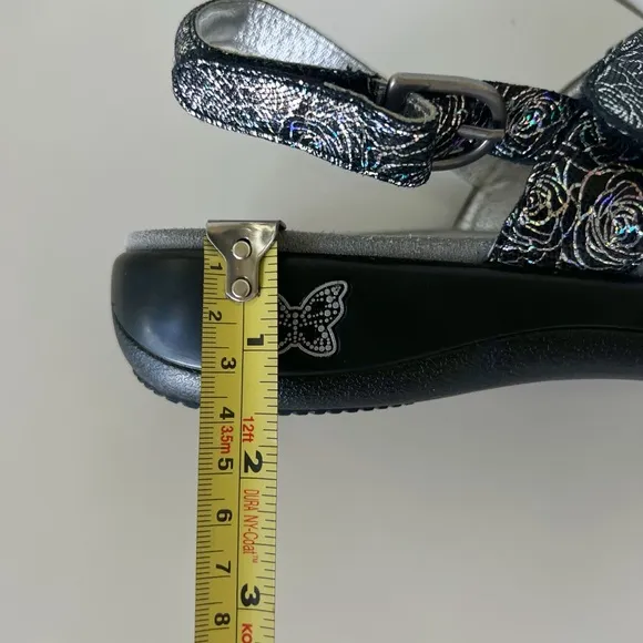 Alegria Julie Black Steel Silver Floral Leather Slingback Sandals Shoes Size 40