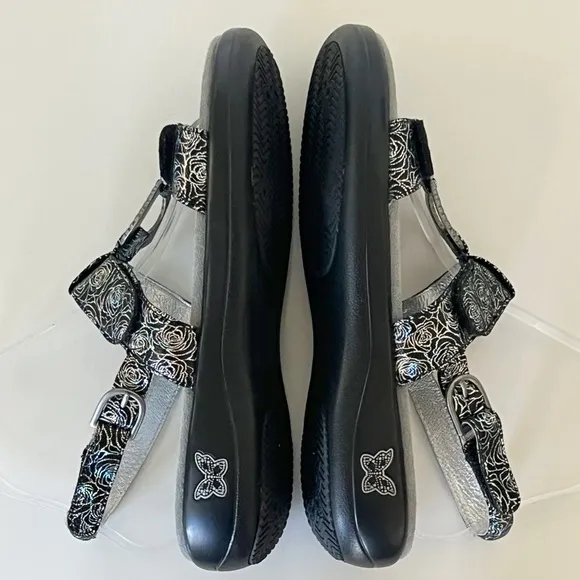 Alegria Julie Black Steel Silver Floral Leather Slingback Sandals Shoes Size 40
