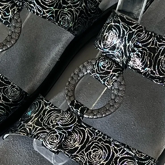 Alegria Julie Black Steel Silver Floral Leather Slingback Sandals Shoes Size 40