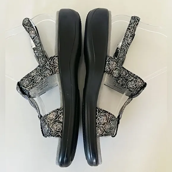Alegria Julie Black Steel Silver Floral Leather Slingback Sandals Shoes Size 40