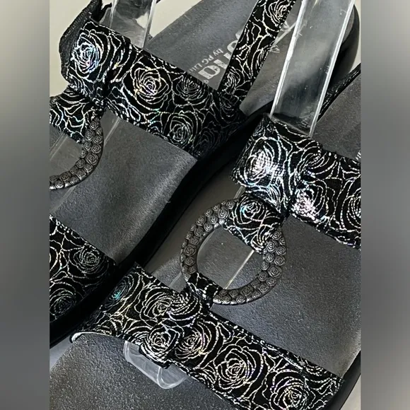 Alegria Julie Black Steel Silver Floral Leather Slingback Sandals Shoes Size 40