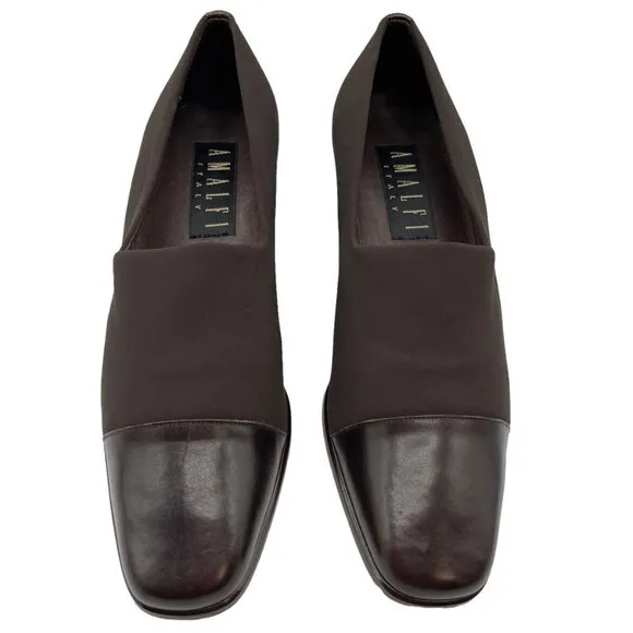 Amalfi Italy Square Toe Block Heel Leather Pumps Shoes in Brown Size 8