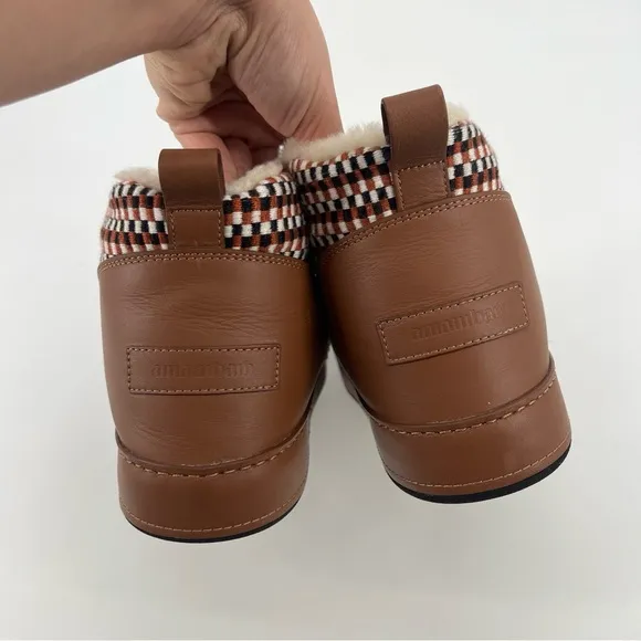 Amambaih Juana Low Woven Leather Chunky Shearling Lined Snow Boots in Cognac 9