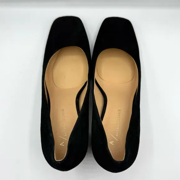 Anthropologie Suede Slingback Black Shoes Chunky Pumps Square Toe Womens Size 9