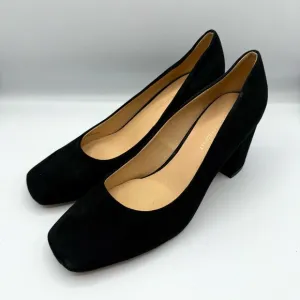 Anthropologie Suede Slingback Black Shoes Chunky Pumps Square Toe Womens Size 9