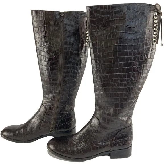 Antonio Melani Eastyn Brown Knee High Faux Croc Tall Equestrian Boots Women 9.5