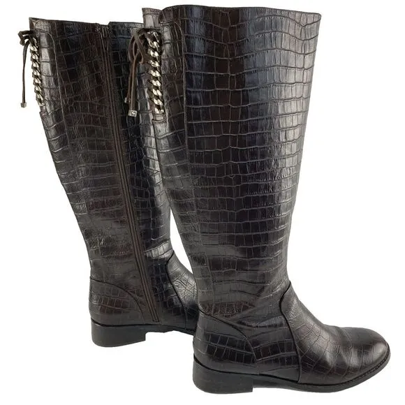 Antonio Melani Eastyn Brown Knee High Faux Croc Tall Equestrian Boots Women 9.5