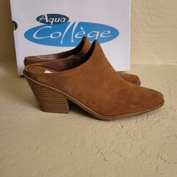 AQUA COLLEGE Women's Brown Nia Slip On Leather Heeled Mules Shoes 7M NIB