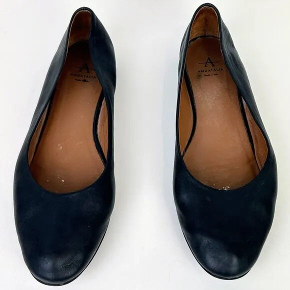 Aquatalia Black Full Leather Ballet Flats Made in Italy Classic Shoes Women's 8