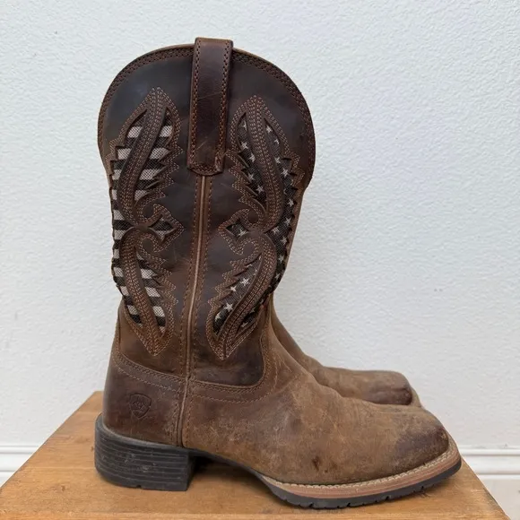 Ariat Hybrid Rancher VentTek 360 Tooled Leather USA Flag Cowboy Boots Size 6.5B