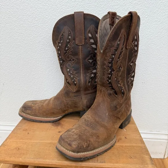 Ariat Hybrid Rancher VentTek 360 Tooled Leather USA Flag Cowboy Boots Size 6.5B