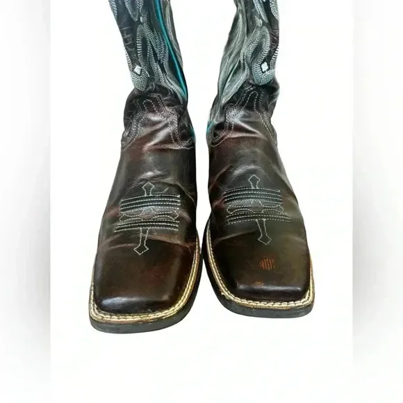 Ariat Tombstone Brown Teal Leather Western Cowgirl Boots Women Square Toe