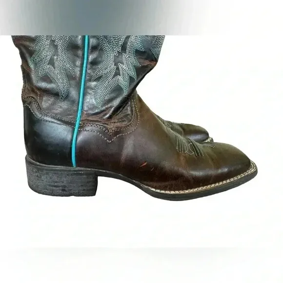 Ariat Tombstone Brown Teal Leather Western Cowgirl Boots Women Square Toe